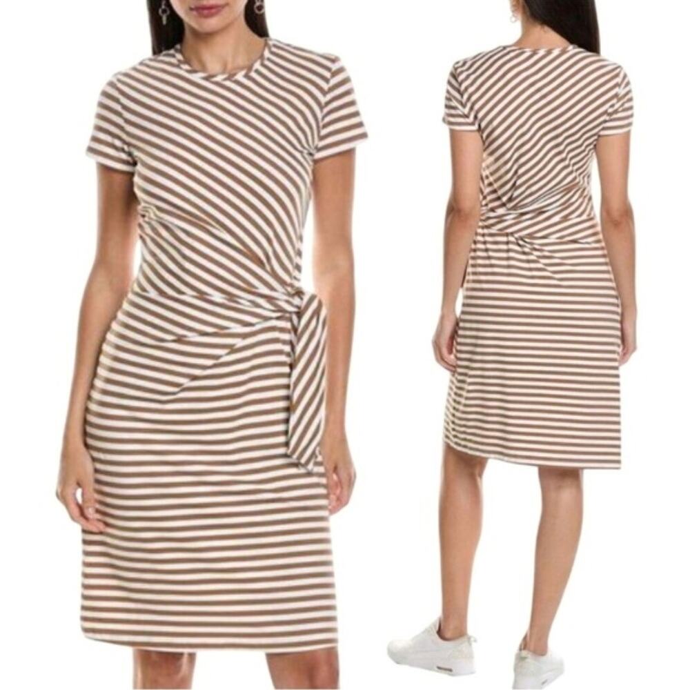 J. McLaughlin Elora Striped Short Sleeve Tie Sheath Dress Tan White Size Small